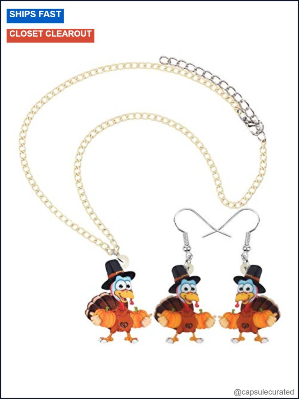 Acrylic Turkey Pendant Necklace and Dangle Earrings Jewelry Set - Picture 2 of 5